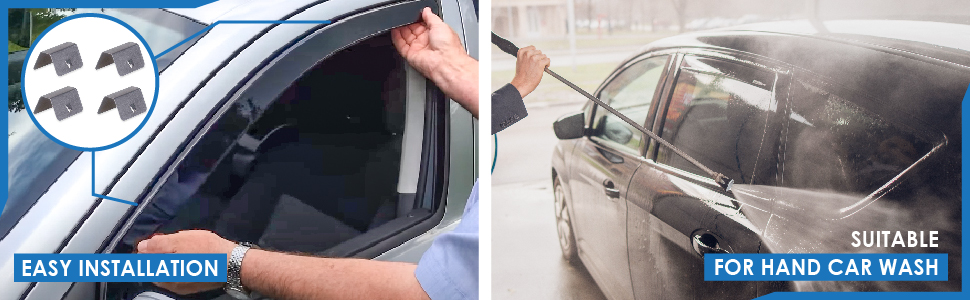 Text reads 'JLI AUTOMOTIVE - WIND DEFLECTOR'. Image shows a blue car with text description below it regarding automotive wind deflector product details.
