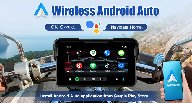 Vehicle mounted display showing 'Wireless Apple Carplay' interface with navigation and media controls visible.