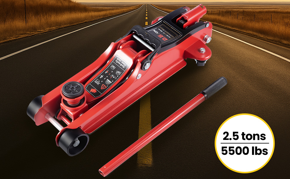 Red hydraulic floor jack positioned under a car's wheel. Features a long handle, small wheels for mobility, and a low-profile design for easy vehicle access.