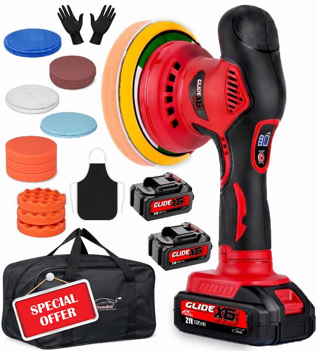 Xtremeauto Glide X6 Cordless Dual Action Car Polisher Kit – 21V Brushless Buffer & Waxing Machine with 2 Batteries