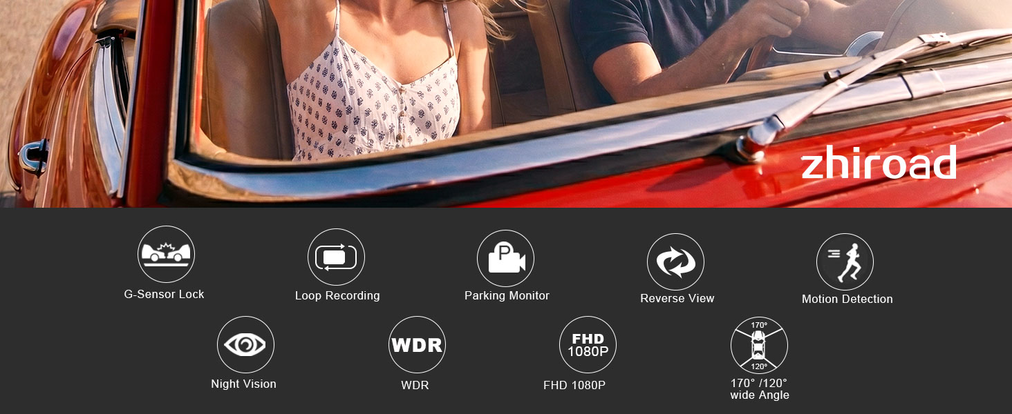 Text reads "zhiroad" with navigation menu icons below including options for different categories. Image shows close-up of vehicle interior with red and black accents.