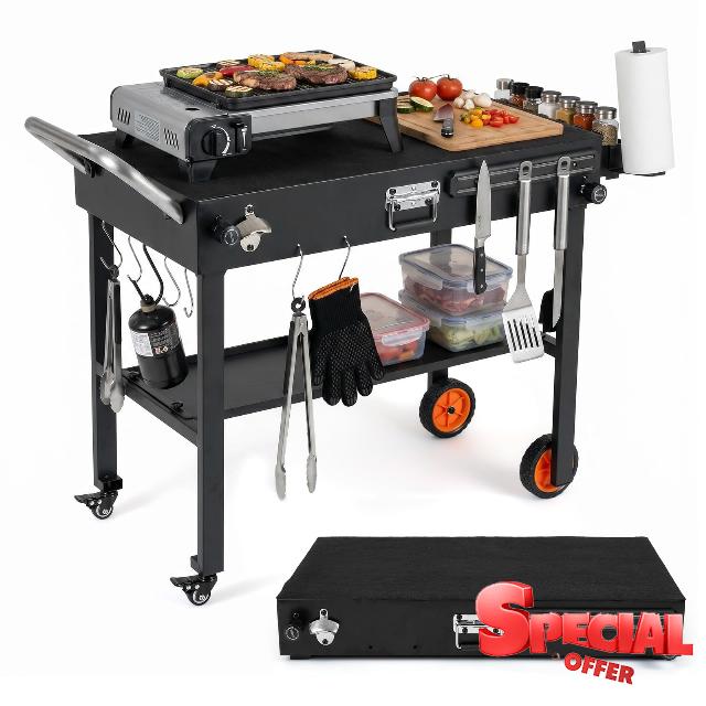TANGZON Folding Grill Cart with Heat-Resistant Mat (104 x 52 x 81cm) | 82 x 46 cm Prep Table