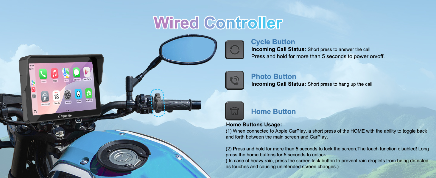 Text reads 'Wired Controller' with diagram showing labeled buttons and controls for device interface mounted on handlebar, featuring digital display screen.
