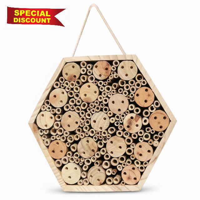 Hexagon Wooden Bee House for Garden - Natural Hotel with Hanging Rope