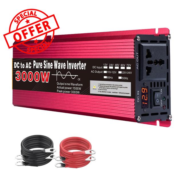 3000W Pure Sine Wave Power Inverter 72V 60V 48V 24V 12V DC to 120 240V AC Converter with AC Outlets Car Inverter for Truck