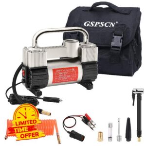 GSPSCN 12V Heavy Duty Tyre Inflator Metal Portable Air Compressor Pump | 6X Faster Inflation Dual Cylinders 150PSI Air Pump with Adapter for Car
