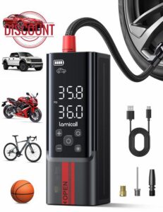 Lamicall Cordless Tyre Inflator Air Compressor - [Metal Cylinder] 150PSI Electric Pump with Digital Dual-Value Display