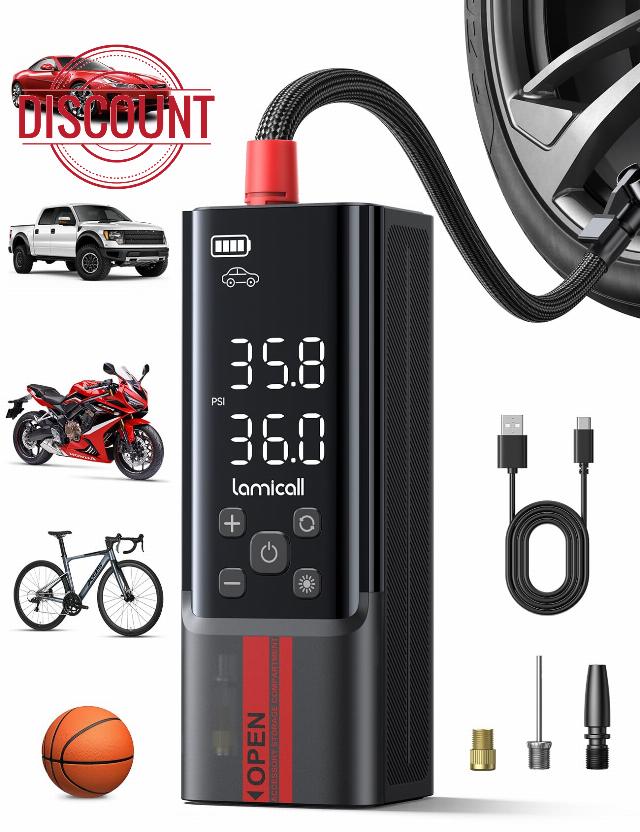 Lamicall Cordless Tyre Inflator Air Compressor - [Metal Cylinder] 150PSI Electric Pump with Digital Dual-Value Display