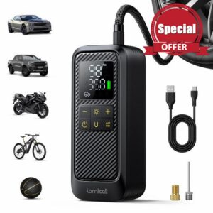 Lamicall Car Tyre Inflator Air Compressor - [5x Faster Inflation] Portable Air Pump with Digital Pressure Gauge & LED Light
