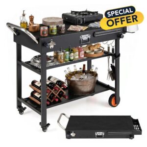 TANGZON Folding Grill Cart with Heat-Resistant Mat (109 x 46 x 87 cm) | 82 x 46 cm Prep Table