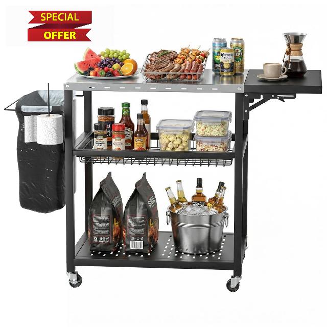3-Tier BBQ Table with Stainless Steel Top