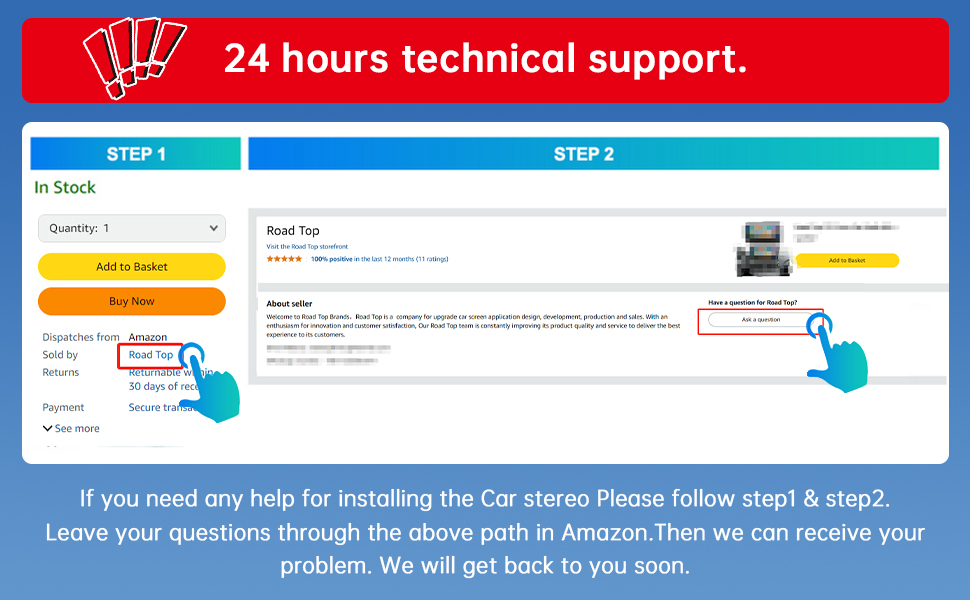 Text reads '24 hours technical support.' Multiple interface screenshots showing customer service steps with blue arrows pointing to different sections of a support form.