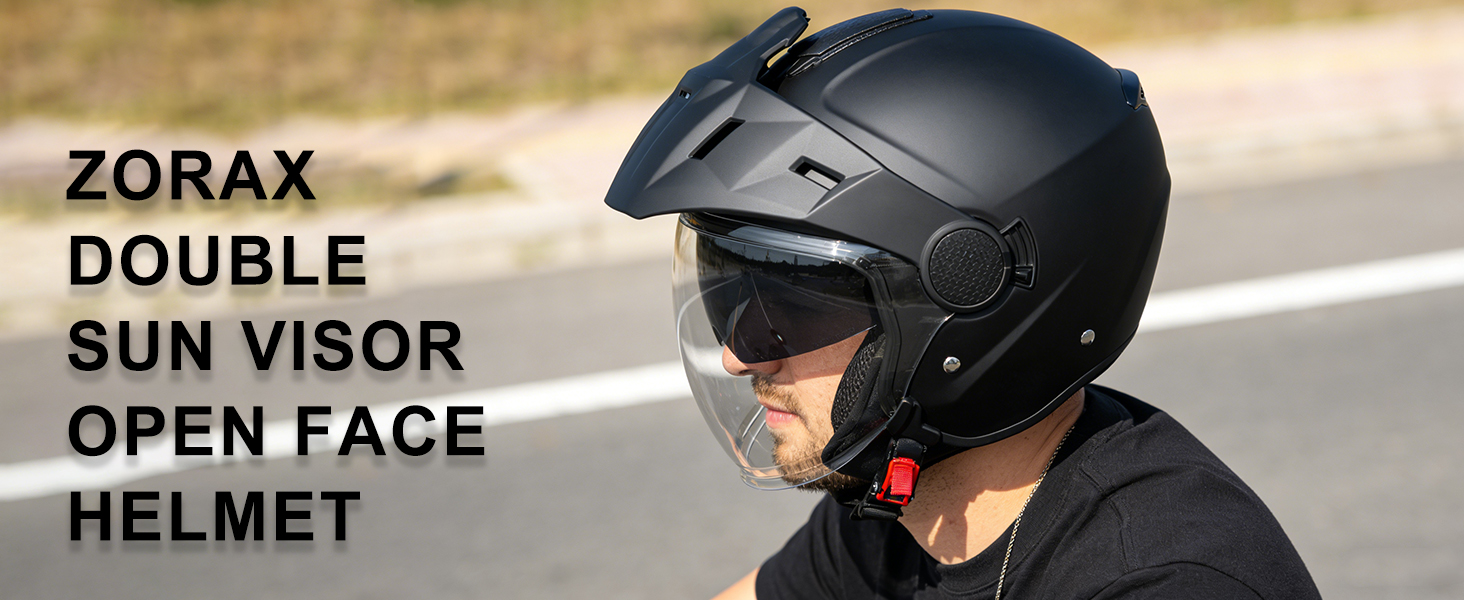 Text reads 'ZORAX', 'DOUBLE SUN VISOR', 'OPEN FACE HELMET'. Multiple views of a black motorcycle helmet with visor mechanism shown from different angles.