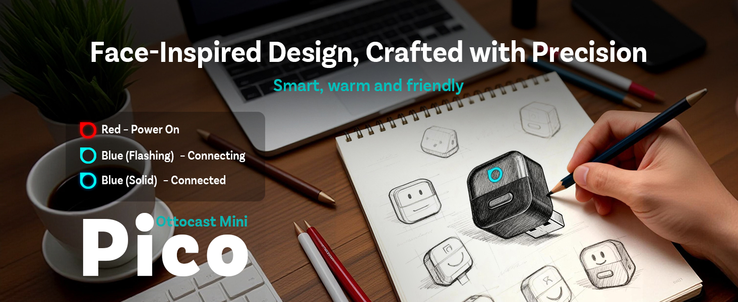 Text reads 'Face-Inspired Design, Crafted with Precision' followed by design sketches and development process images showing product conceptualization.