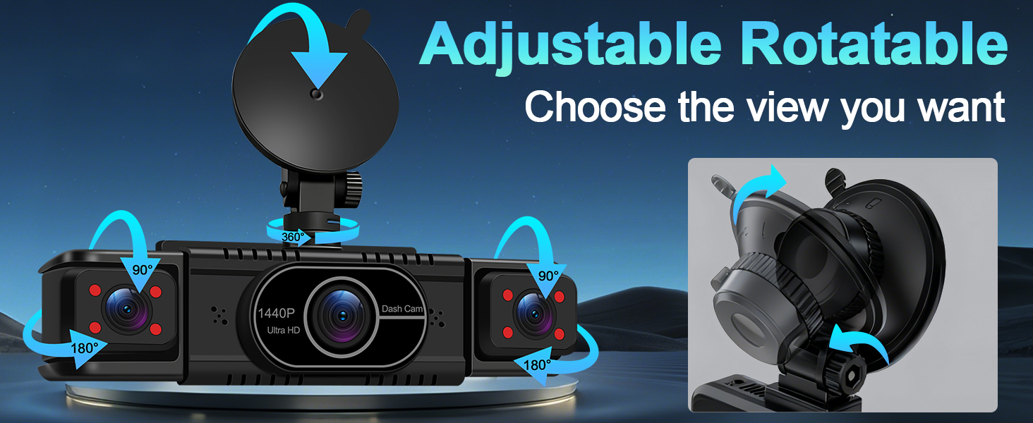 Text reads 'Adjustable Rotatable Choose the view you want'. Interactive product viewer interface showing multiple angle options with blue arrow indicators.