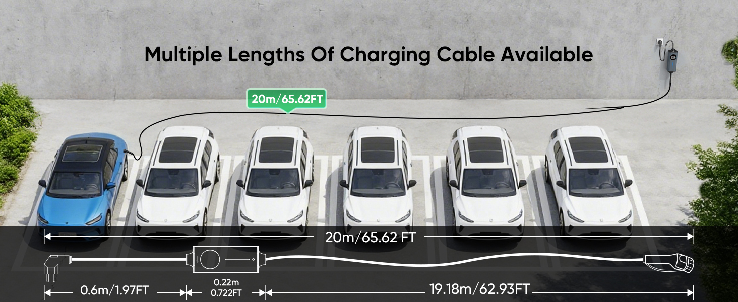 Text reads 'Multiple Lengths Of Charging Cable Available'. Row of white electric vehicles at charging stations with connected cables.
