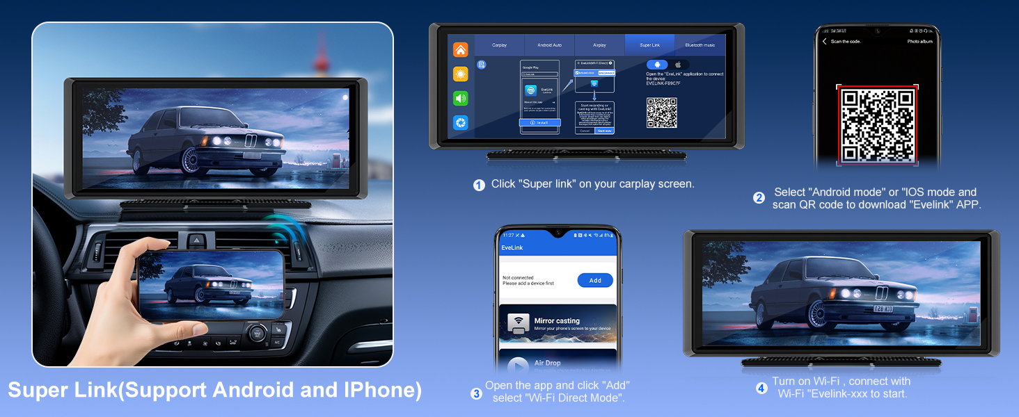 Multiple digital displays showing Smart TV/entertainment system interface with vehicle imagery and QR code, demonstrating cross-device connectivity features.