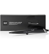 Text reads 'ghd'. Professional black hair styling wand with curved barrel shown with its black retail packaging box.
