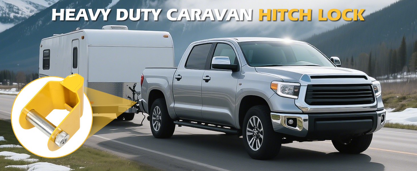 Text reads 'HEAVY DUTY CARAVAN HITCH LOCK'. Series of images showing a vehicle hitch lock being installed on a truck, with close-up details of the locking mechanism and security features.