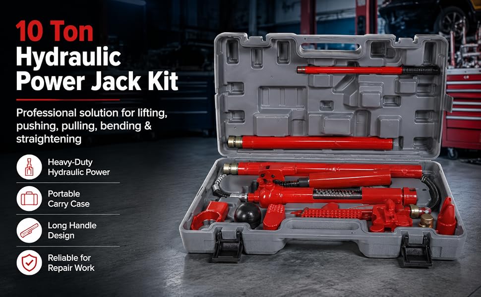 Text reads '10 Ton Hydraulic Power Jack Kit'. Red hydraulic jack kit in carrying case with accessories for pushing, pulling, bending, and straightening. Includes heavy-duty steel construction, carry case, hose handles, adapters, and portable tool kit.