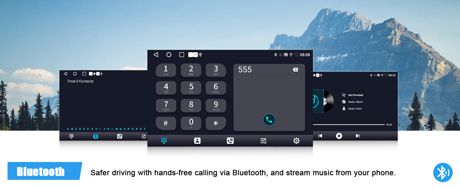 Mobile interface screenshots showing a dialpad and menu interface for Bluetooth hands-free calling and music streaming functionality.