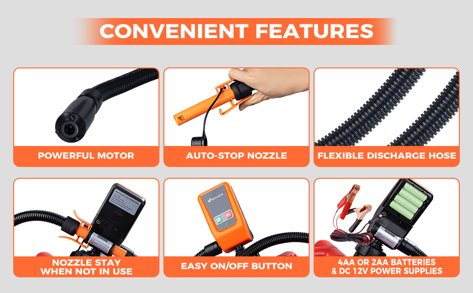 Text reads 'CONVENIENT FEATURES'. Product feature diagram showing cordless vacuum components including powerful motor, flexible nozzle, and flexible penetrate holes.
