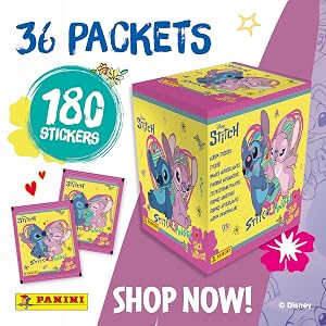 Text reads '36 PACKETS', '180 STICKERS', 'PANINI', 'SHOP NOW!', 'Disney'. Colorful sticker box packaging with cartoon character illustrations, promotional pricing, and call-to-action messaging.