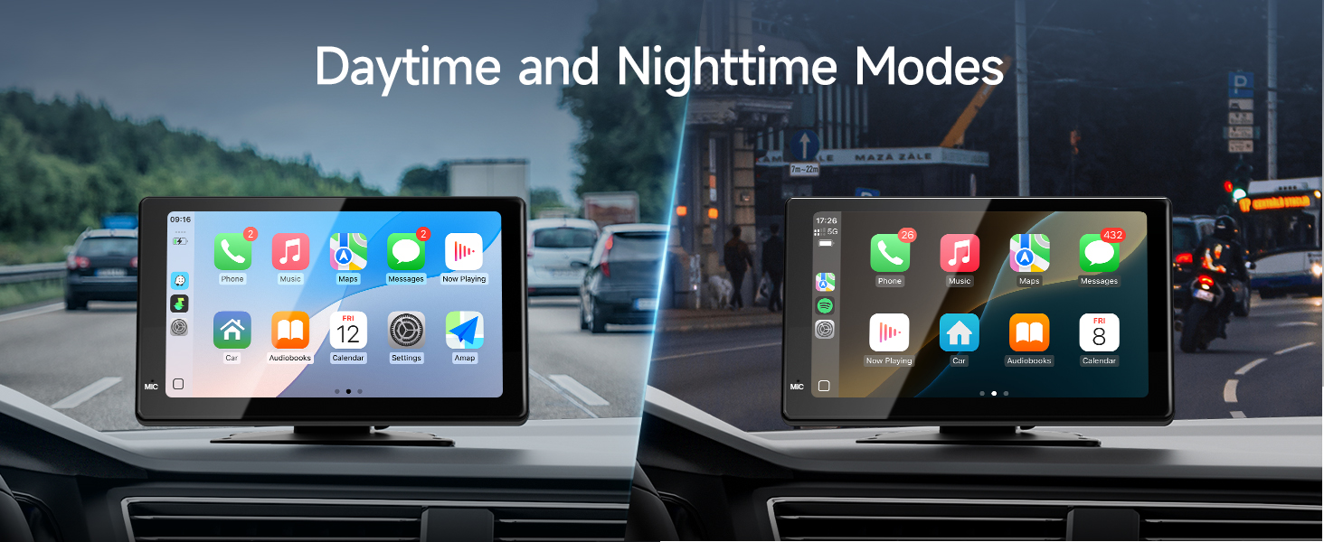 Text reads 'Daytime and Nighttime Modes'. Dashboard display showing car interface with multiple screens demonstrating day and night viewing modes.
