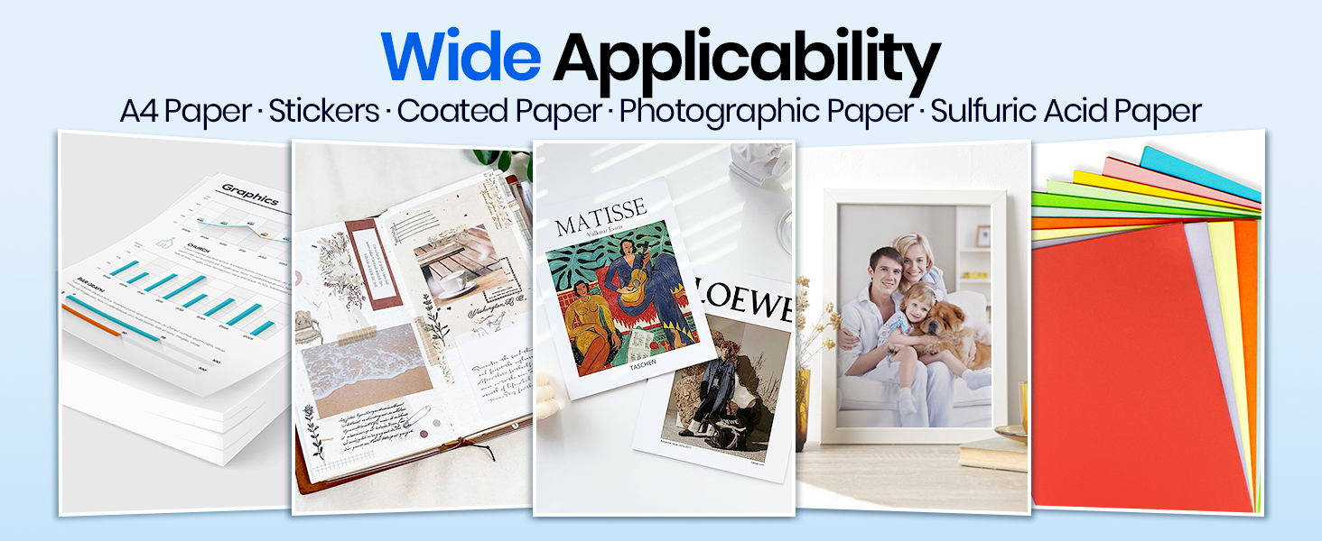 Text reads 'Wide Applicability'. Collage of various document or paper-based images showing different applications or use cases.