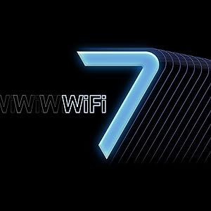 Text reads 'WiFi' and '7'. Blue neon-style number seven with WiFi text label, representing WiFi 7 connectivity standard on dark background.