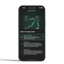 Smartphone displaying a weather app with a dark green background, showing a lightning bolt icon and temperature information. App interface includes additional weather-related options.