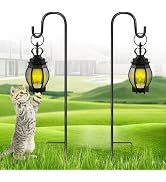 Decorative bird feeder stand with ornate black metal scrollwork design, featuring multiple hanging attachments including dome feeder, wire basket, and cylindrical feeders for outdoor garden use.