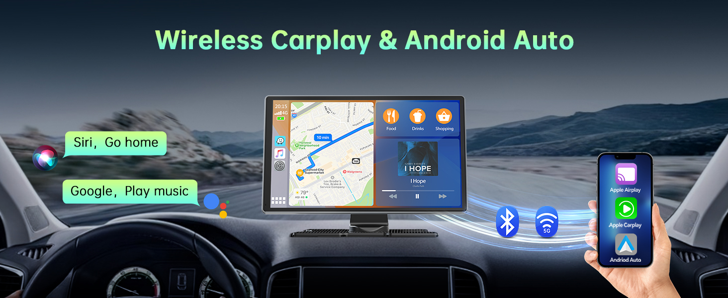 Text reads 'Wireless Carplay & Android Auto'. Vehicle interior showing digital dashboard display with navigation and smartphone integration features.