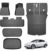 Collection of black rubber car floor mats shown with a black Tesla Model 3 vehicle. Mats feature ribbed texture pattern and custom-fit designs for different areas of the car.