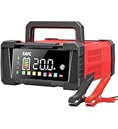 Digital battery charger device in black and red color scheme with LCD display, showing FABC branding. Multiple angles of the device with connection ports visible.