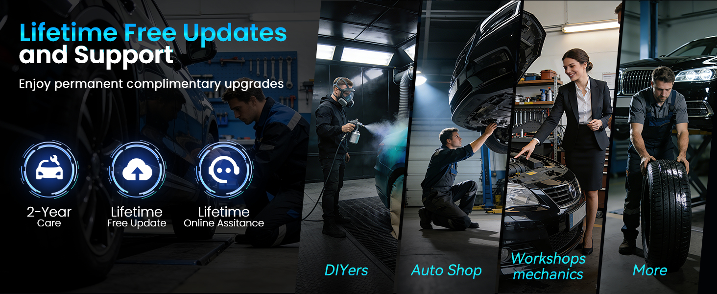 Text reads 'Lifetime Free Updates and Support' and 'Free permanent software updates'. Image shows three men examining car engine with icons indicating 'Free Support', 'Lifetime Updates', 'Lifetime License' features.