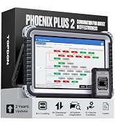 TOPDON professional diagnostic tablet device with protective case, cables, and connectors. Display shows system diagnostic report interface.