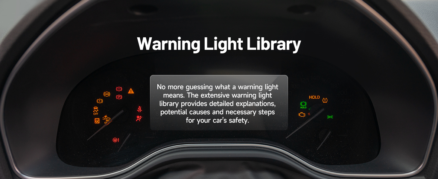 Vehicle dashboard display showing warning light library interface with dual gauge clusters and information message about checking warning lights.