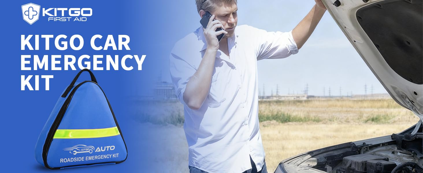 Text reads 'KITGO CAR EMERGENCY KIT'. Multiple images showing blue emergency kit bag and its usage in roadside situations.