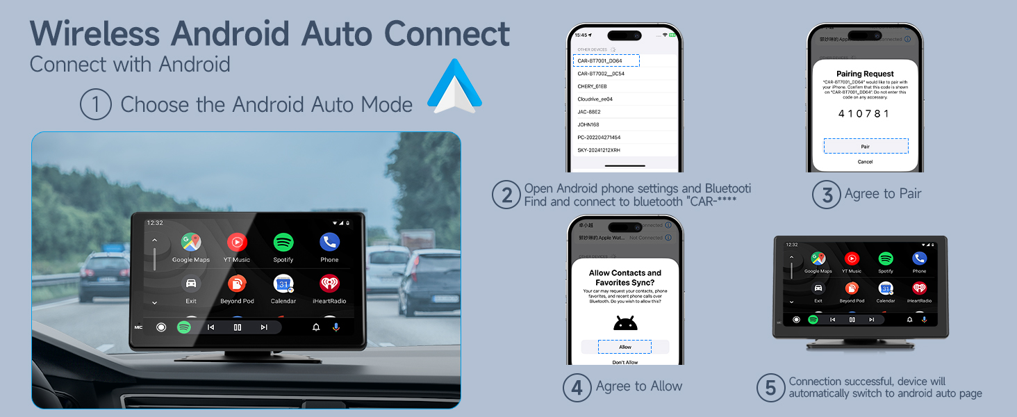 Text reads 'Wireless Android Auto Connect'. Multiple smartphone screens showing vehicle connectivity interface and navigation system setup.