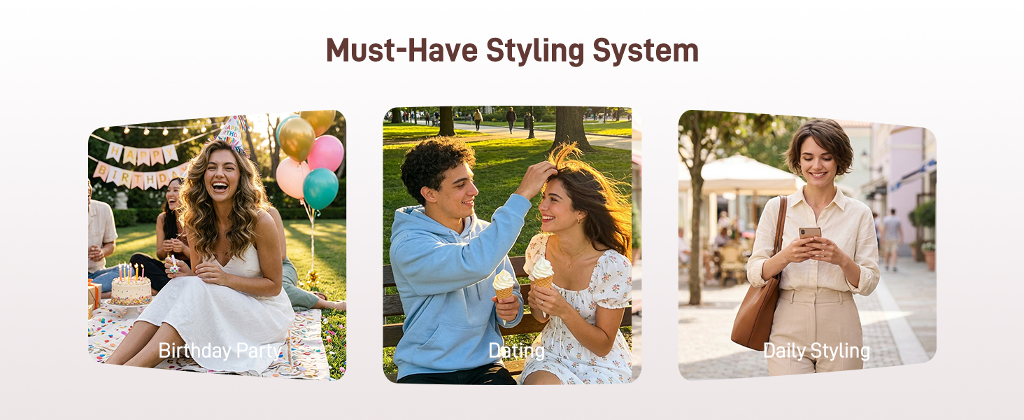 Text reads 'Must-Have Styling System.' Three lifestyle photos showing women in casual outfits, arranged horizontally to showcase coordinated clothing collection.