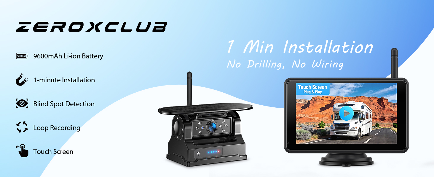 Text reads 'ZEROXCLUB' and '1 Min Installation'. Digital display screen and wireless camera system shown with vehicle integration illustrations.