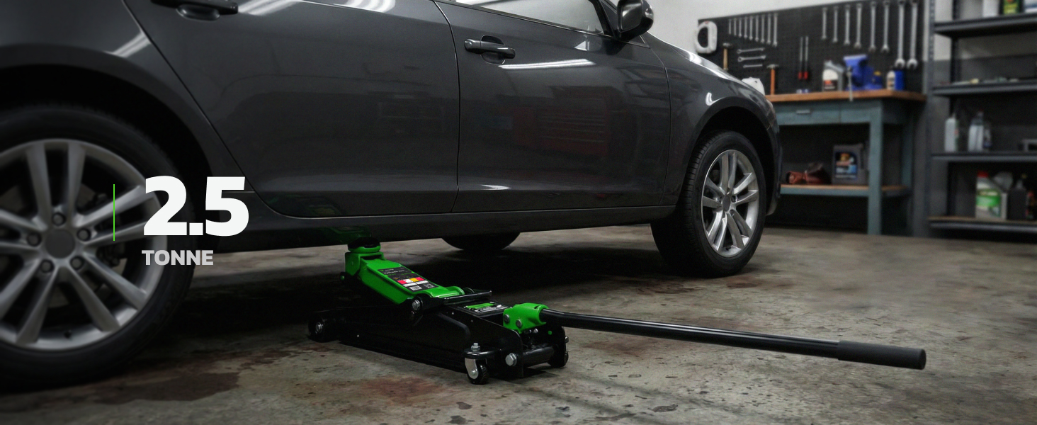 Green and black hydraulic floor jack shown from multiple angles, with numerical measurements visible including 35° angle indicators.