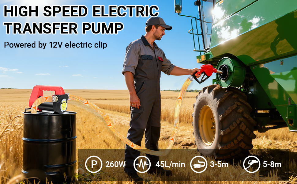 Text reads 'HIGH SPEED ELECTRIC TRANSFER PUMP' with technical specifications shown as icons. Shows pump being used in outdoor agricultural setting.
