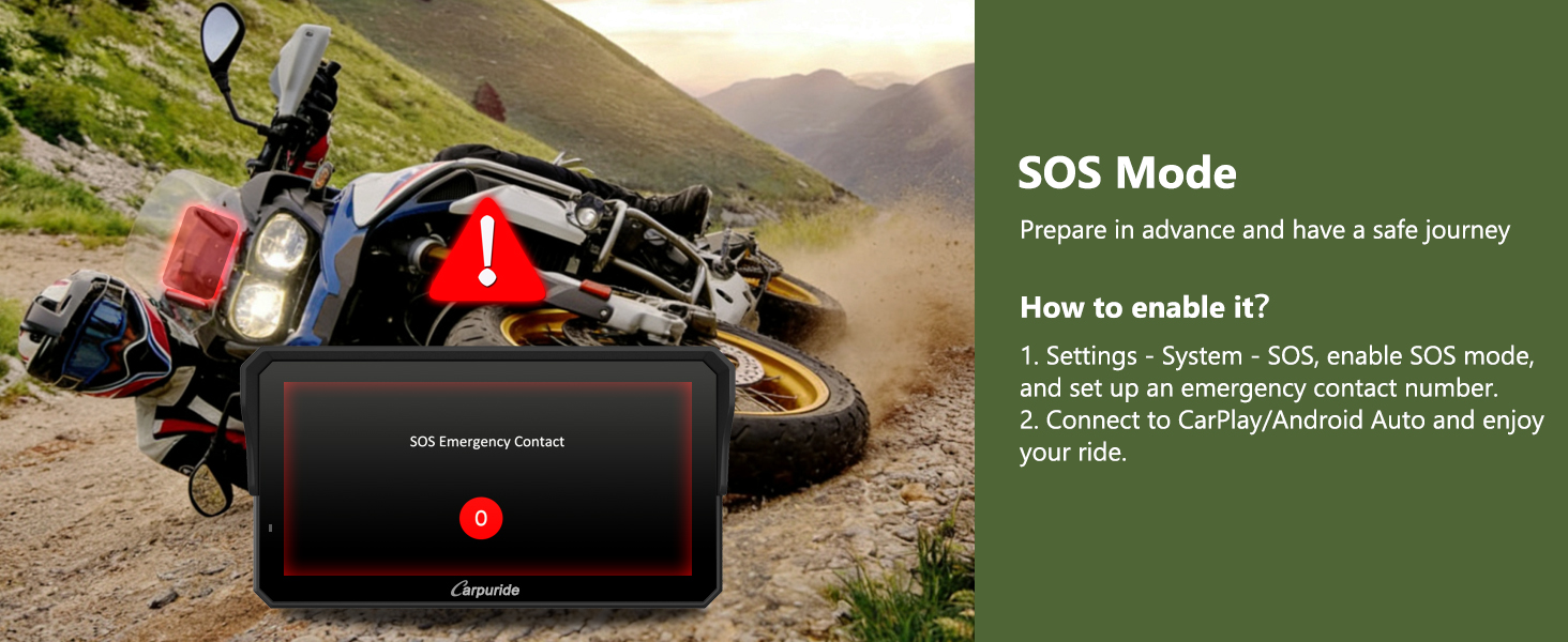 Text reads 'SOS Mode'. Interface screens showing emergency mode features on a mobile device against outdoor adventure backgrounds.