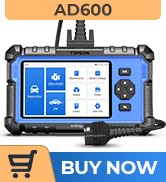 Automotive diagnostic scanner device with LCD screen display, labeled 'AD500' with 'BUY NOW' button below.