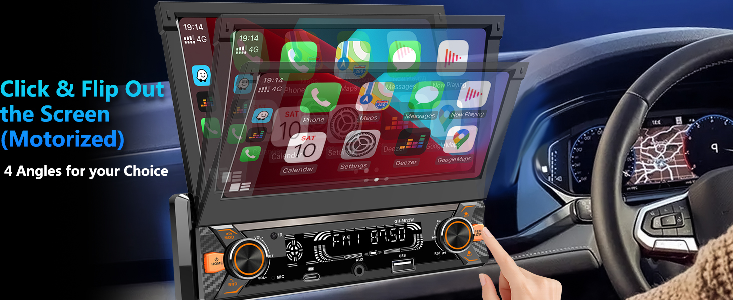 Text reads 'Click & Flip One'. Car dashboard display showing app icons and infotainment interface. Steering wheel visible on right side.