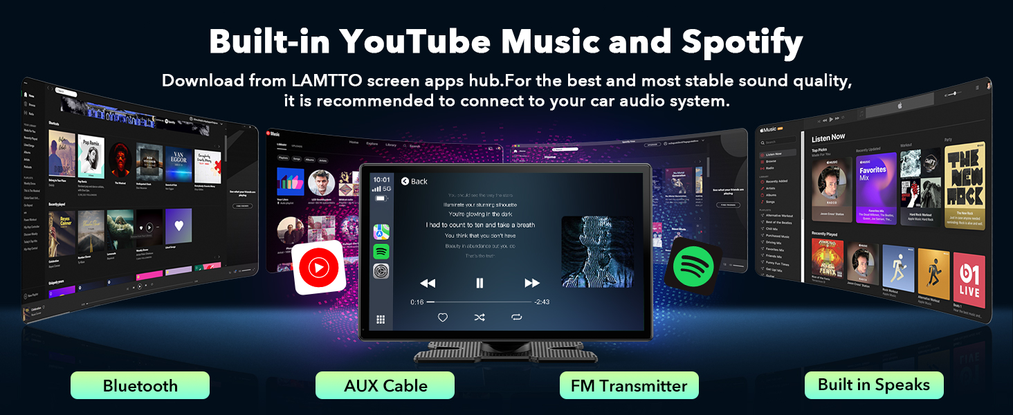 Text reads 'Built-In YouTube Music and Spotify'. Screenshot showing music streaming interface with dark theme and colorful album artwork.