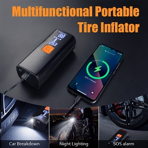 Text reads: '6-in-1 Multifunctional Tire Inflator'. Digital display device with multiple function icons showing tire inflation, power bank, and kayak inflation capabilities.