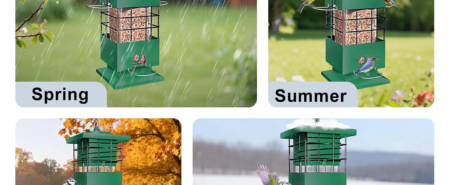 Text reads 'EASY TO FILL SEED Wide-Mouth Opening No spilled seed & no mess'. Green metal seed feeder tower with multiple compartments labeled for different seed types: sunflower, millet, oats, safflower. Wide-opening top design shown with cap removed.